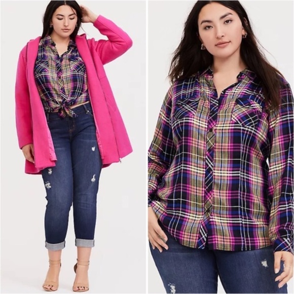 Torrid Multicolor Plaid Shirt Button Down Chest Pockets Long Sleeve Plus Size 4X - Picture 1 of 16
